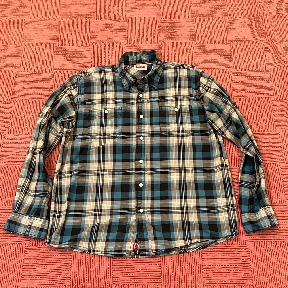 Wrangler Men's large cotton plaid / checkered Blue White gray button up shirt